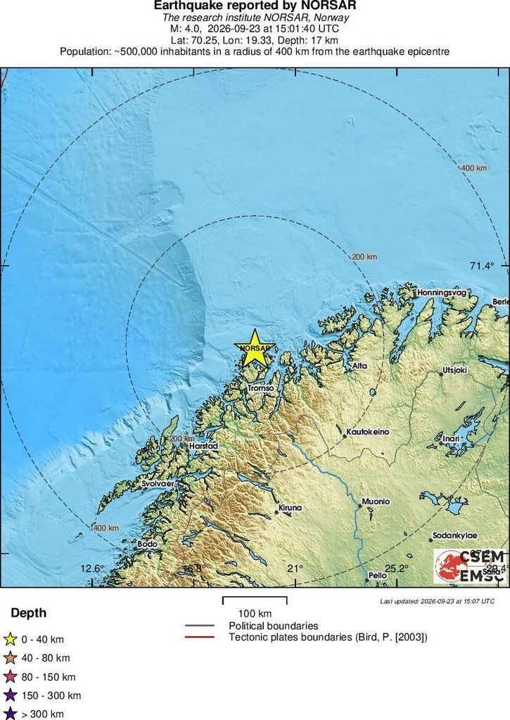 Norsar bekrefter falsk registrering av jordskjelv nord for Tromsø